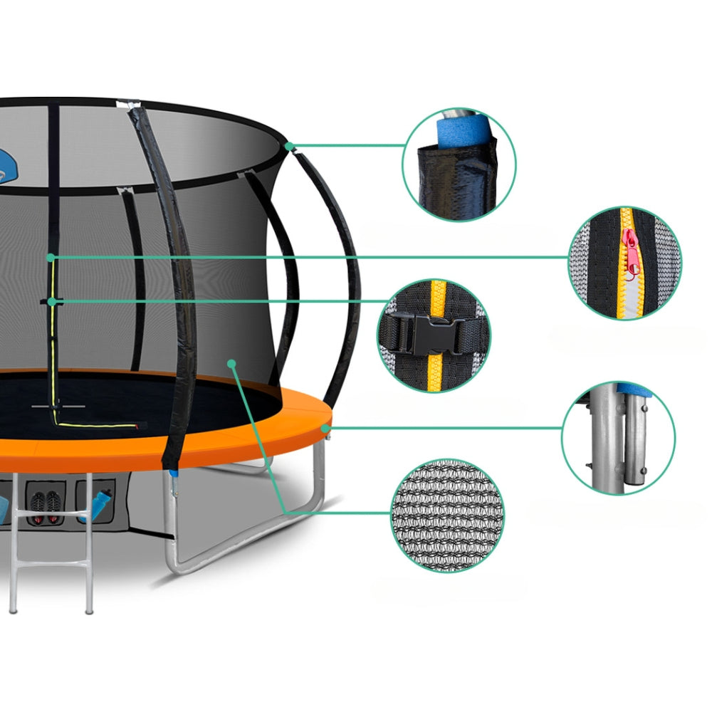 Kids Outdoor Round Trampoline with Basketball Hoop Enclosure Safety Net Pad 10FT - Orange