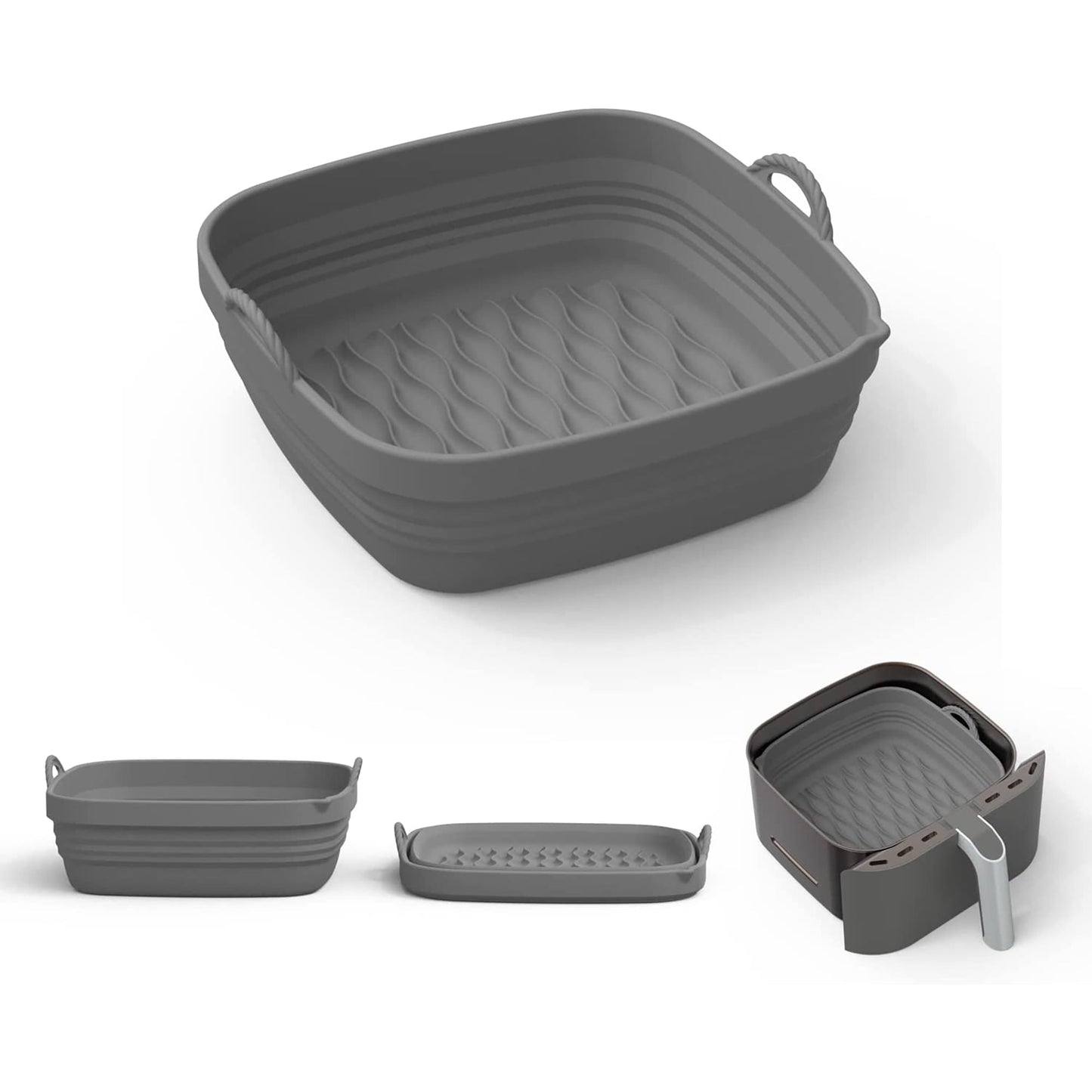 Air Fryer Silicone Pot Square Reusable Air Fryer Silicone Basket 8 Inch - Grey