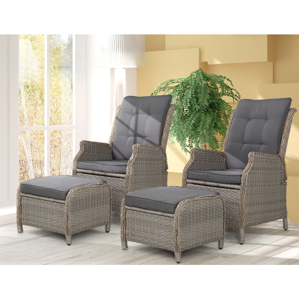 Recliner Chairs Outdoor Patio Wicker Sofa Lounge Set of 2 - Black