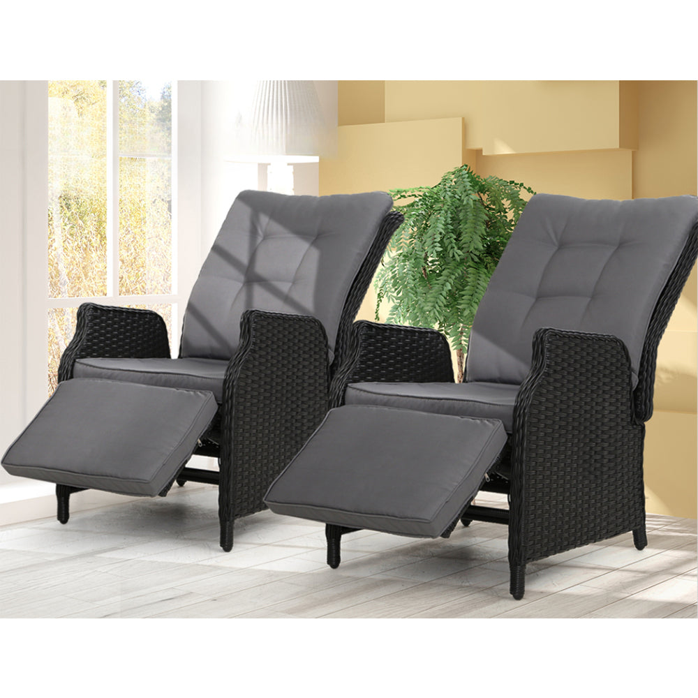 Recliner Chairs Outdoor Patio Wicker Lounge Sofa Set of 2 - Black