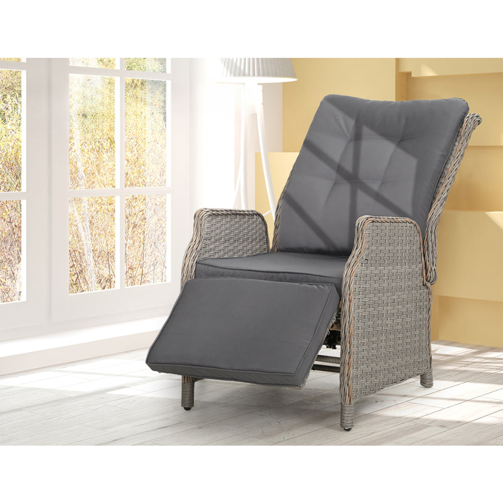 Outdoor Recliner Chair Furniture Patio Wicker Sofa Lounge Set - Grey