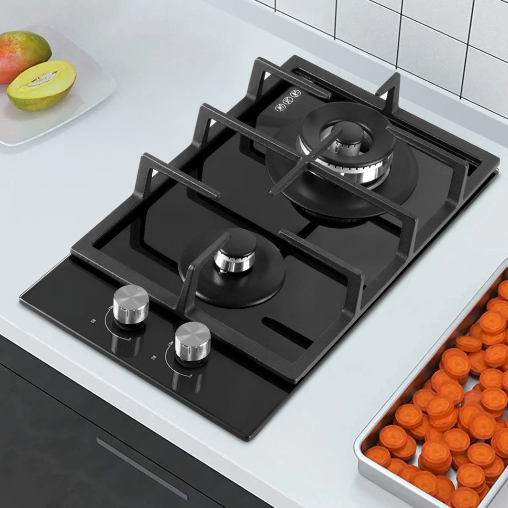 Gas Cooktop 30cm Gas Stove Cooker 2 Burner Cook Top Konbs NG LPG Black