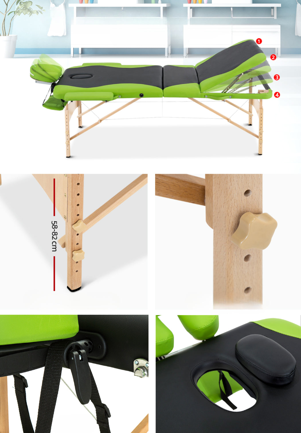 3 Fold Portable Wood Massage Table - Black & Lime