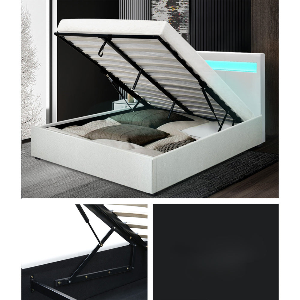 LED Bed Frame PU Leather Gas Lift Storage - White Queen