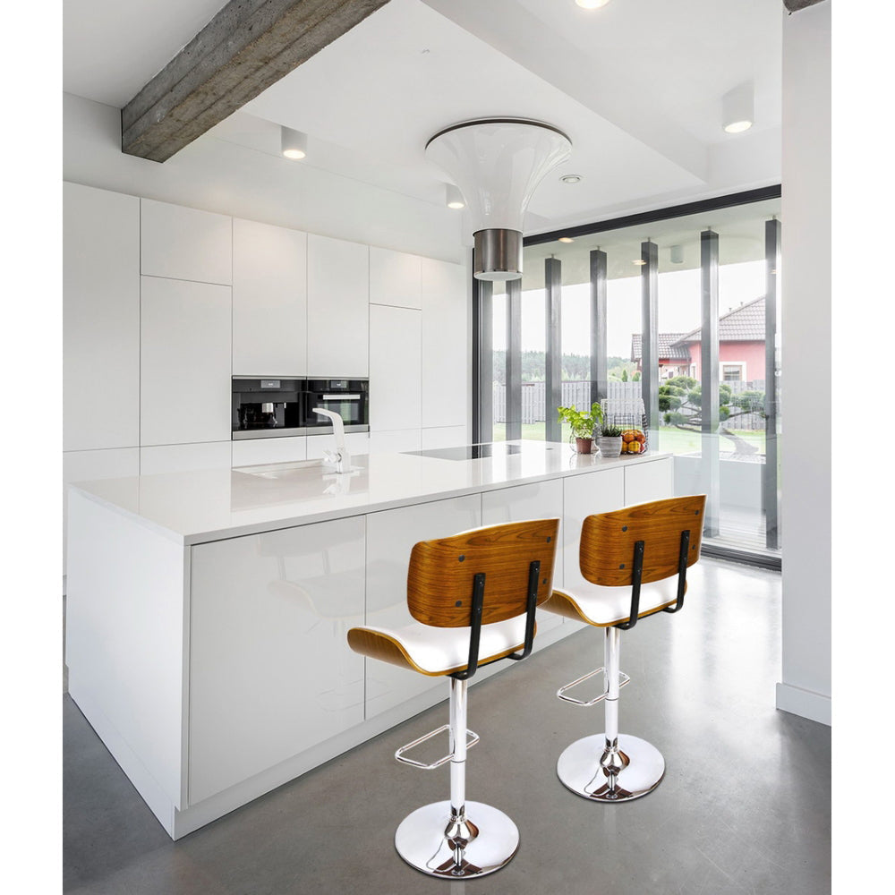 Set of 2 Wooden Gas Lift Bar Stool - White and Chrome