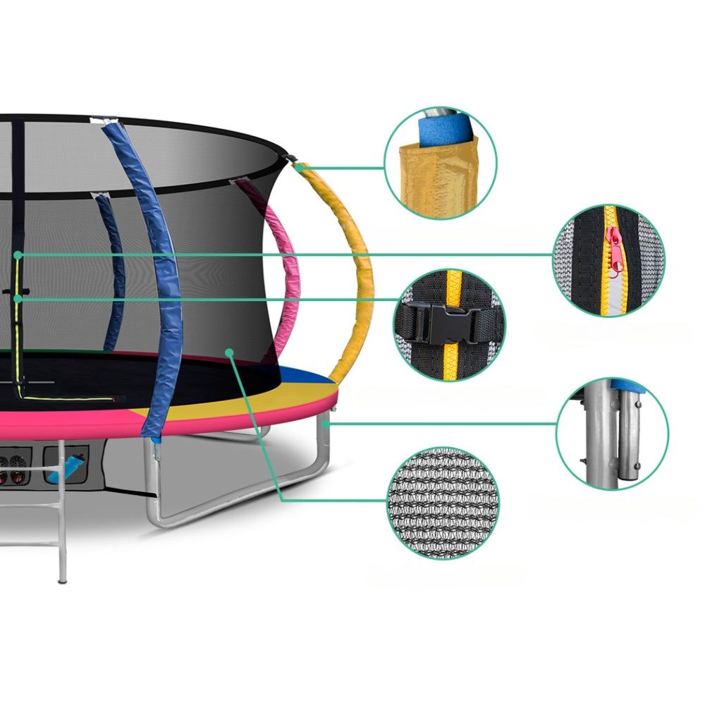 Kids Outdoor Round Trampoline with Basketball Hoop Enclosure Safety Net Pad 14FT - Multi Coloured
