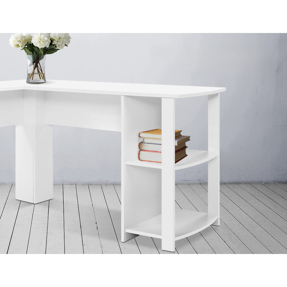 Office Computer Desk Corner Student Study Table Workstation L-Shape Shelf White