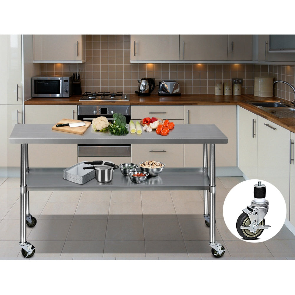 304 Stainless Steel Kitchen Benches Work Bench Food Prep Table with Wheels 1829MM x 610MM