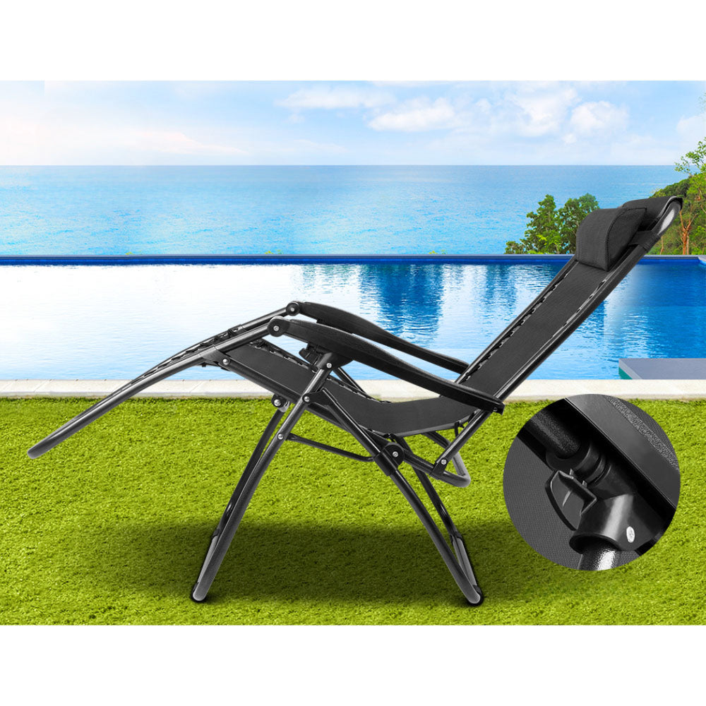 Outdoor Reclining Chairs Folding Camping Sun Lounge Set of 2 - Black