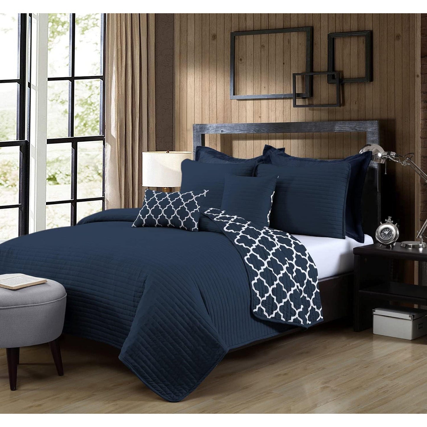 Bamboo Blend Reversible Comforter 7-Pieces Set - Navy