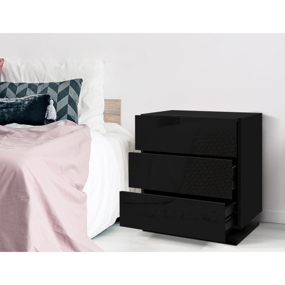 Bedside Tables Side Table RGB LED Lamp 3 Drawers Nightstand Gloss Black