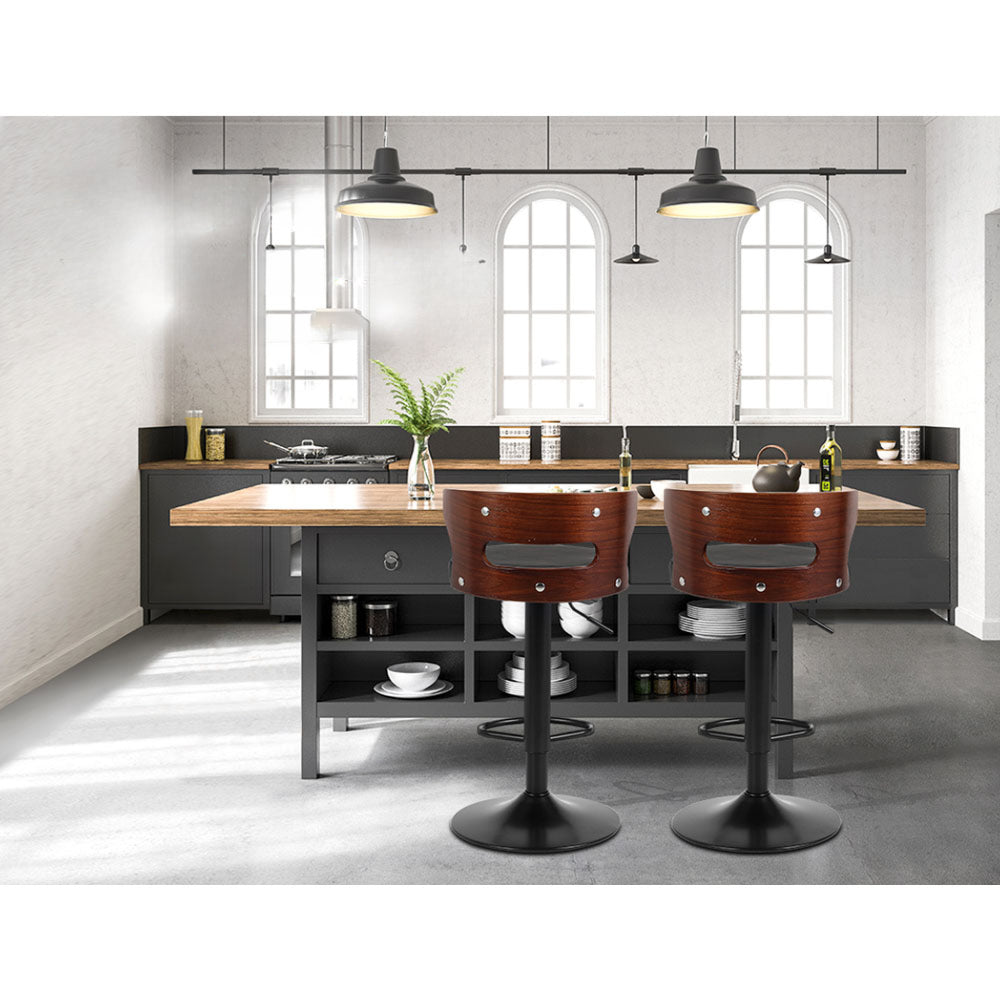 Set of 2 Bar Stools Kitchen Wooden Gas Lift Leather Stool Metal Black Barstools