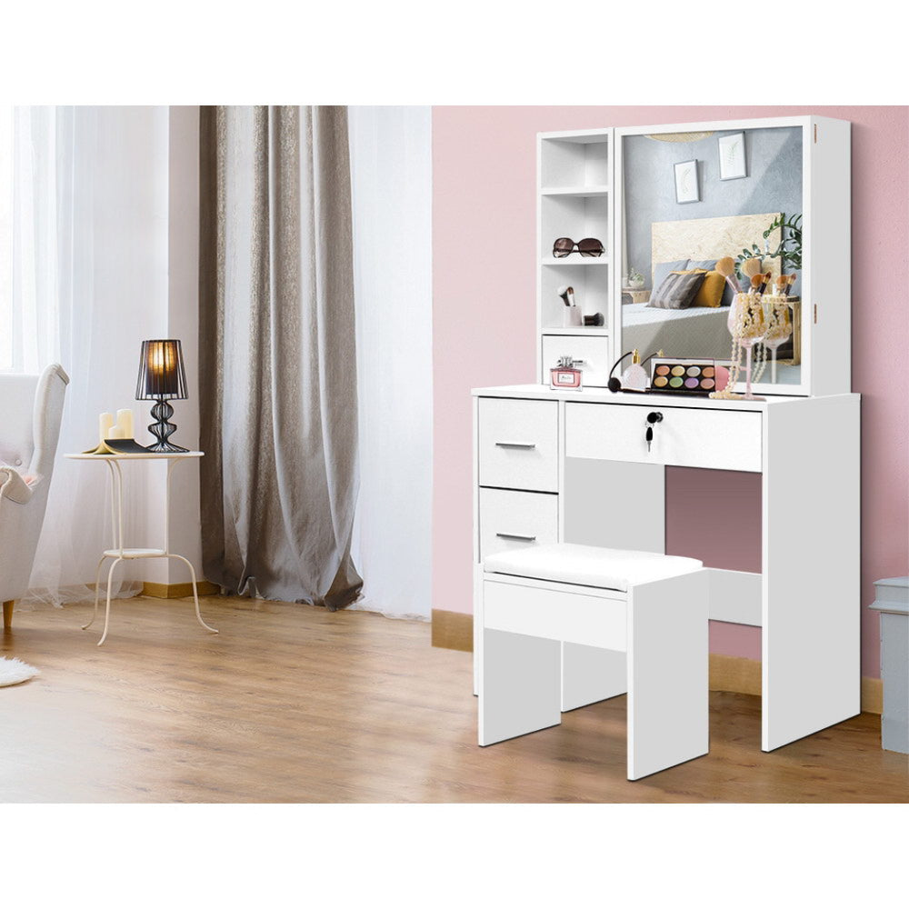 Dressing Table Stool Mirror Jewellery Cabinet Makeup Storage Drawer White