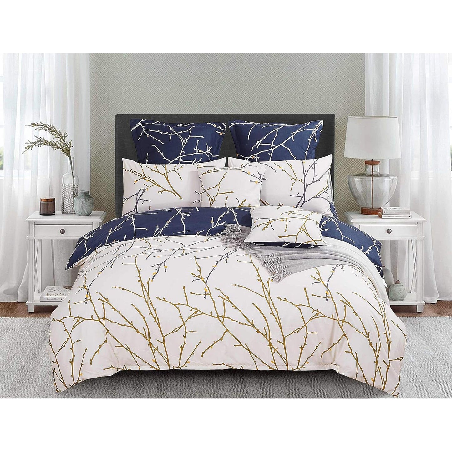 Polyester Reversible Quilt Cover Set - Tree Blue and Beige