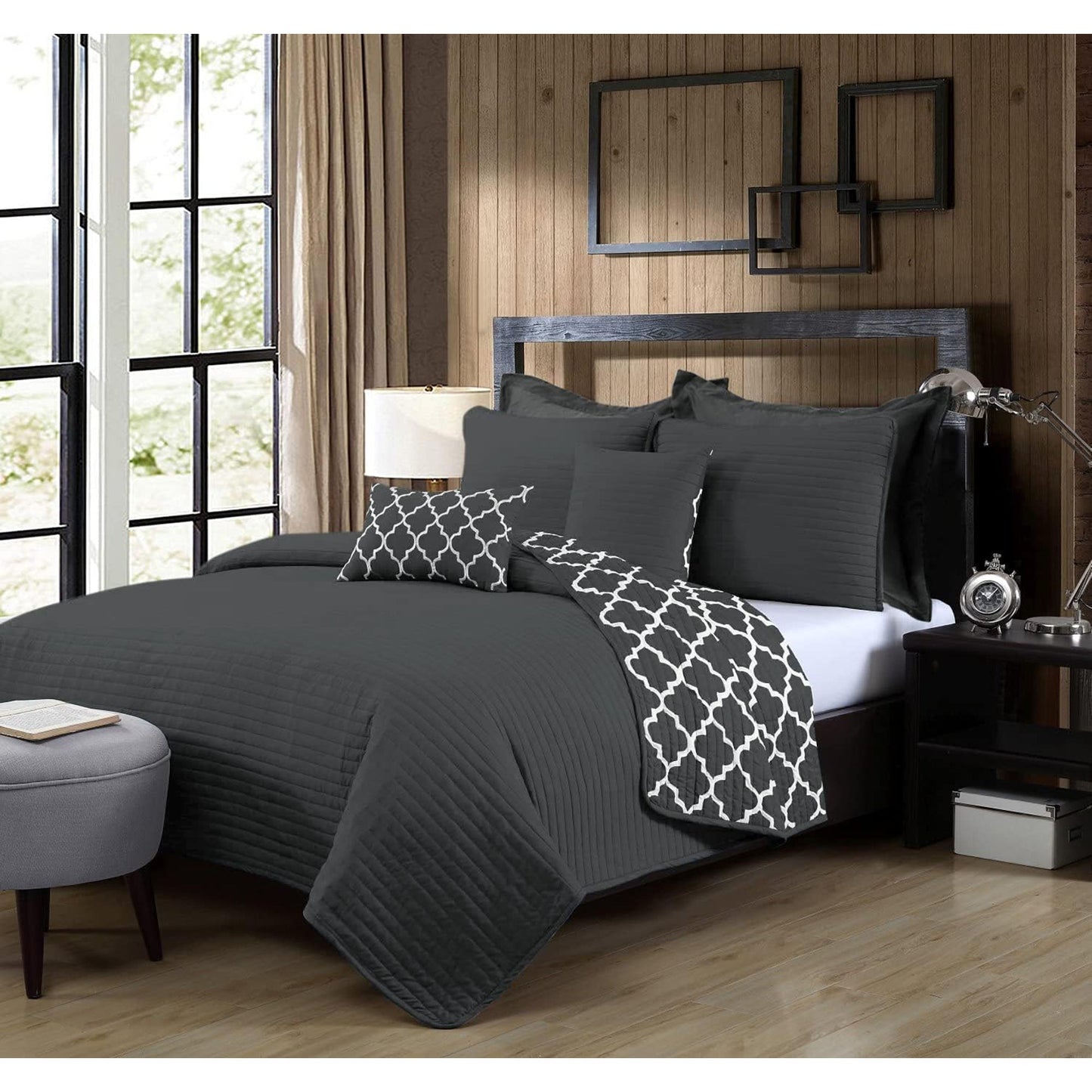 Bamboo Blend Reversible Comforter 7-Pieces Set - Charcoal