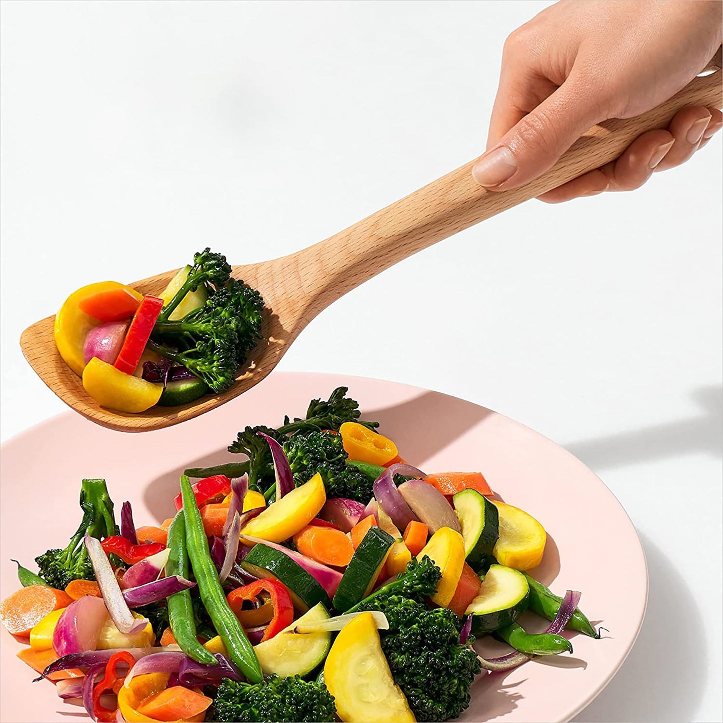 Solid Beechwood Corner Wooden Kitchen Spoon - Brown