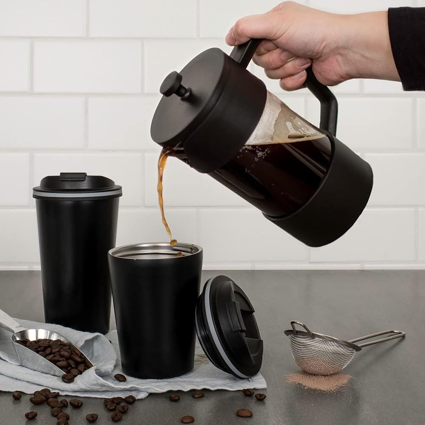 Borosilicate Glass Carafe Coffee Plunger 360 ml 2 Cup - Black