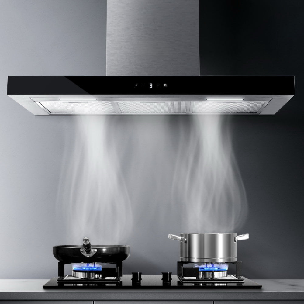 900mm Rangehood 90cm Stainless Steel Glass Kitchen Canopy Black