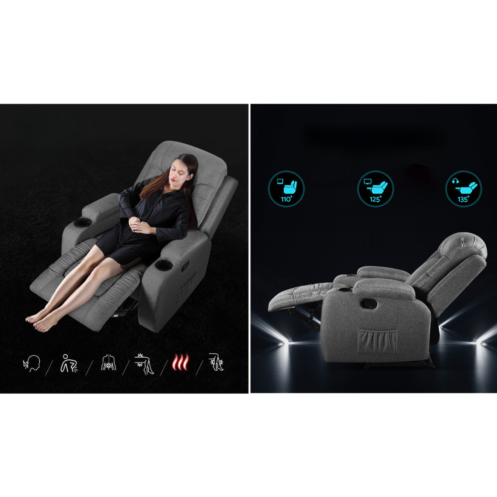 Recliner Chair Electric Massage Chair Fabric Lounge Sofa Heated Grey