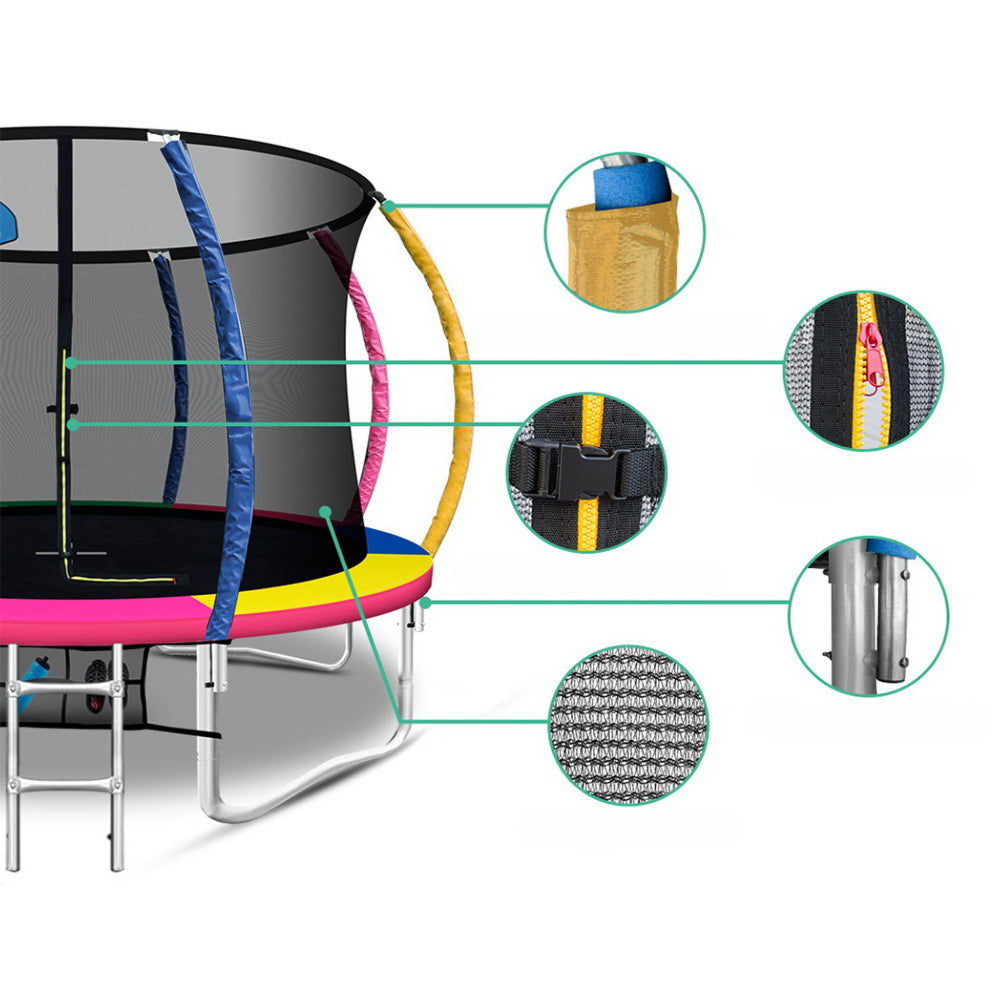 Kids Outdoor Round Trampoline with Basketball Hoop Enclosure Safety Net Pad 12FT - Multi Coloured