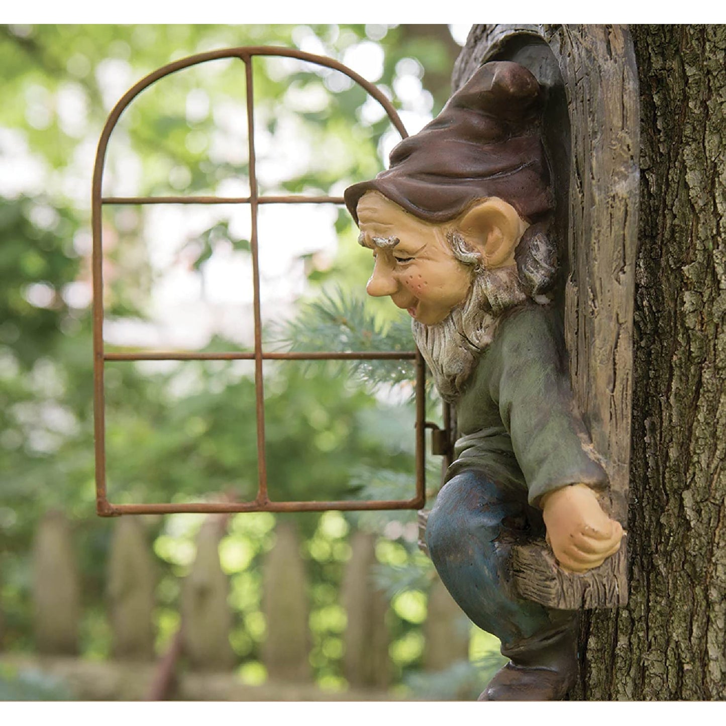 Whimsical Tree Sculpture Elf Out The Door Tree Hugger Yard and Garden Decoration - 12 Inches