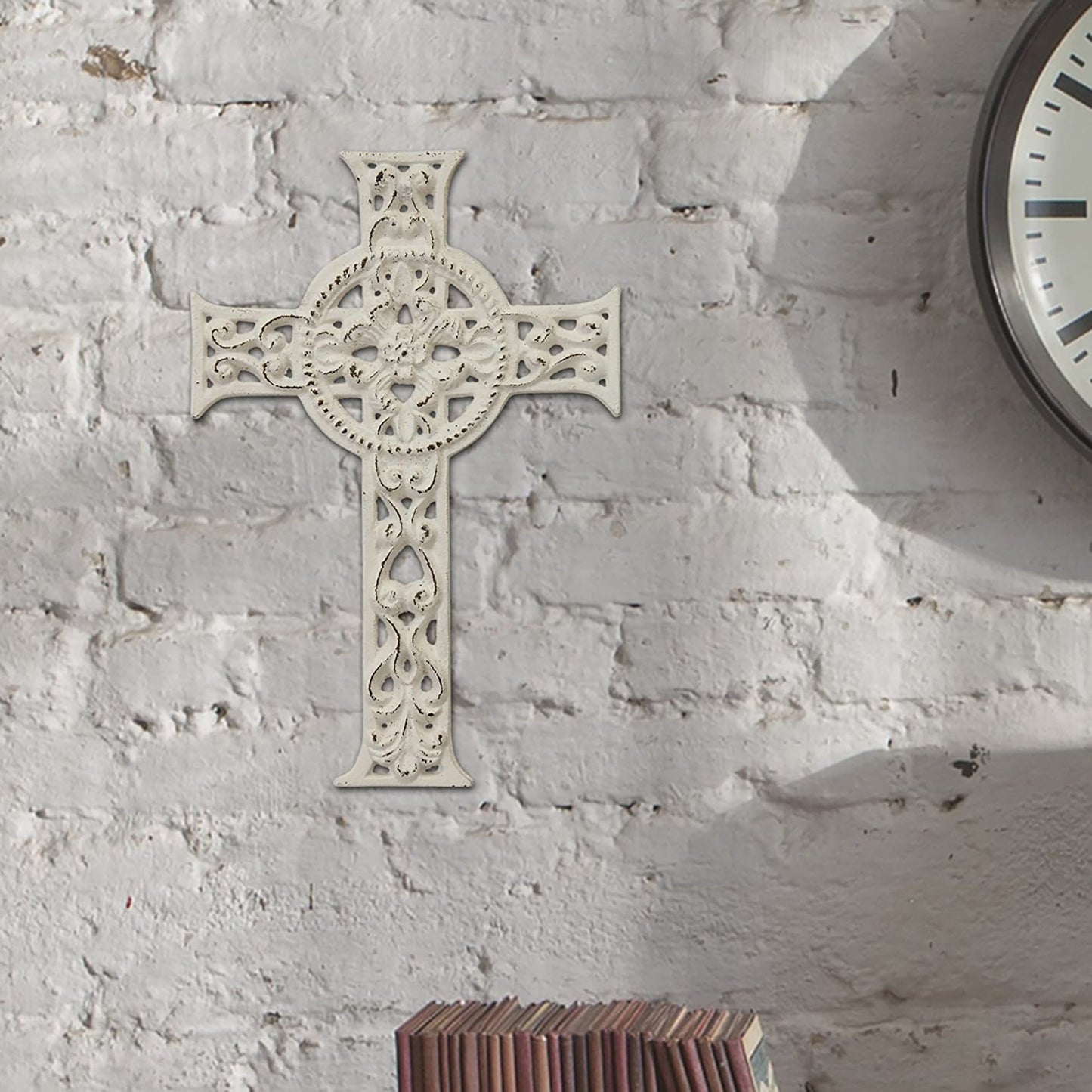 Accents of Faith 11.5 Inch Cast Iron Hanging Cross - Worn White