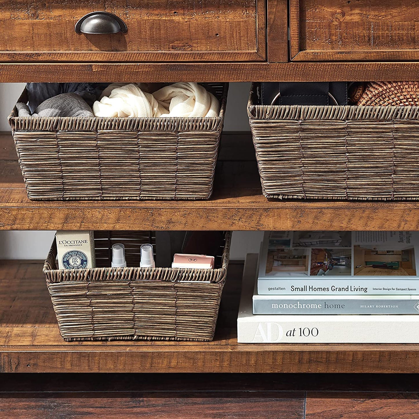Distressed Rattique Durable Storage Baskets with Handles Set of 3 - Brown