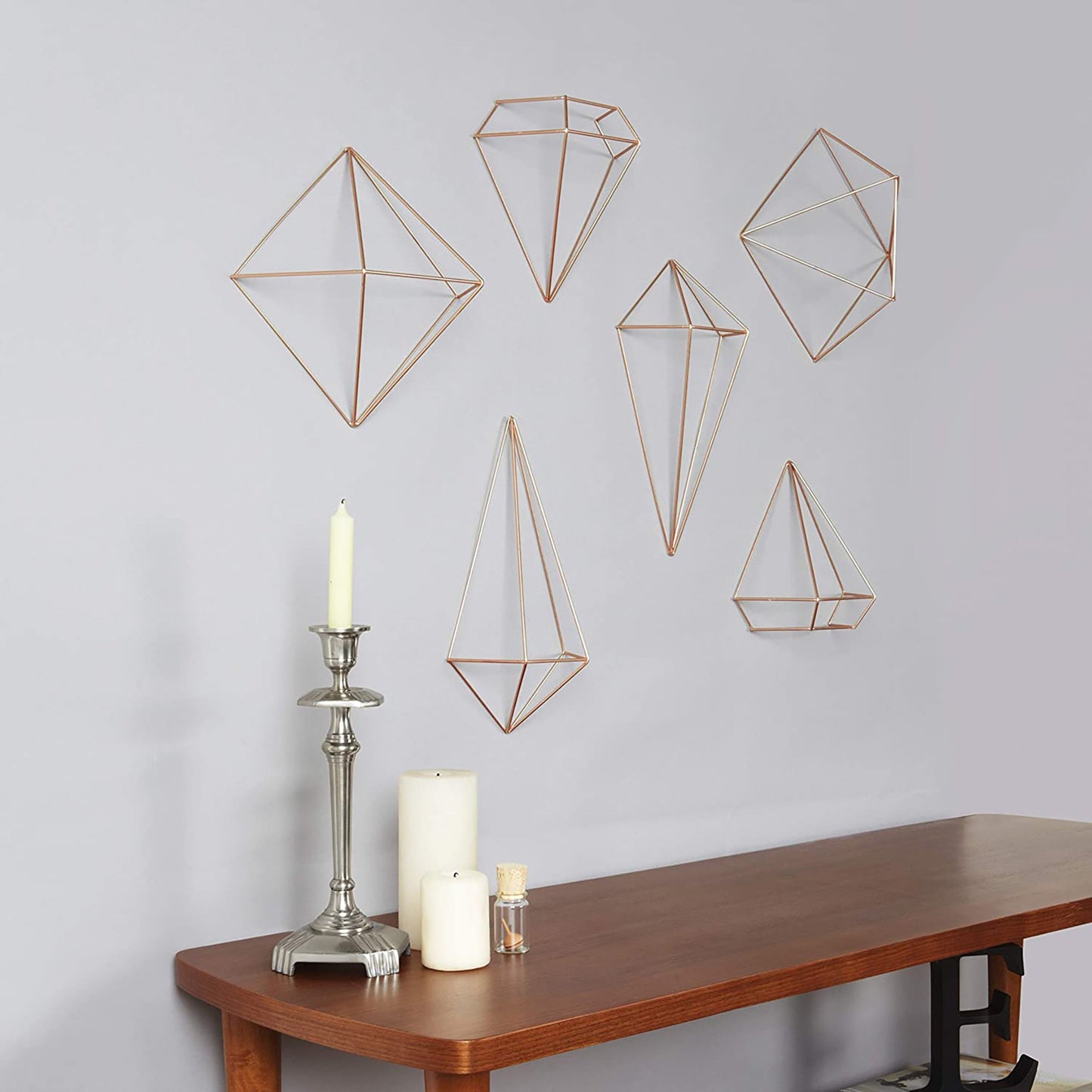 Geometric Sculptures Modern Metallic Wire Shapes Wall Decor Set of 6 - Copper