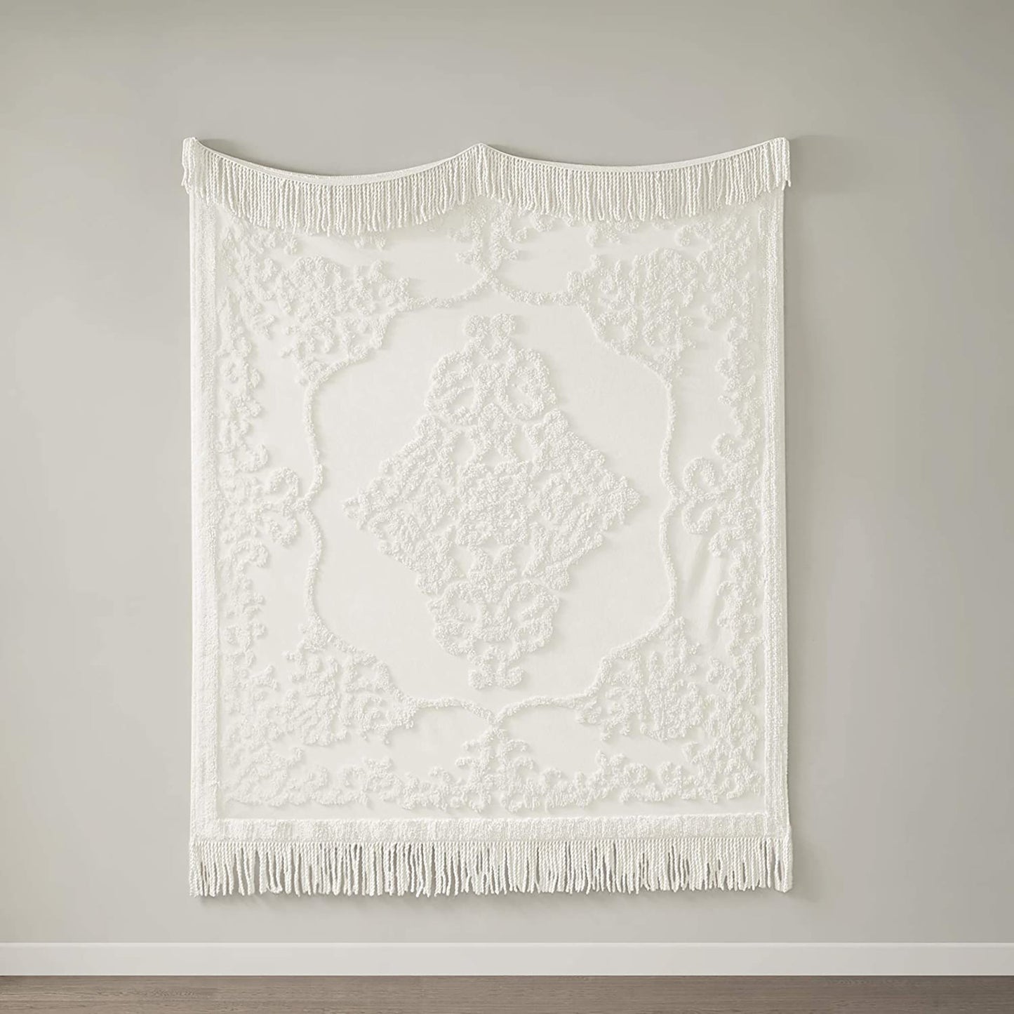 Cotton Tufted Chenille Design with Fringe Tassel Luxe Cottage Room Blanket - Ivory