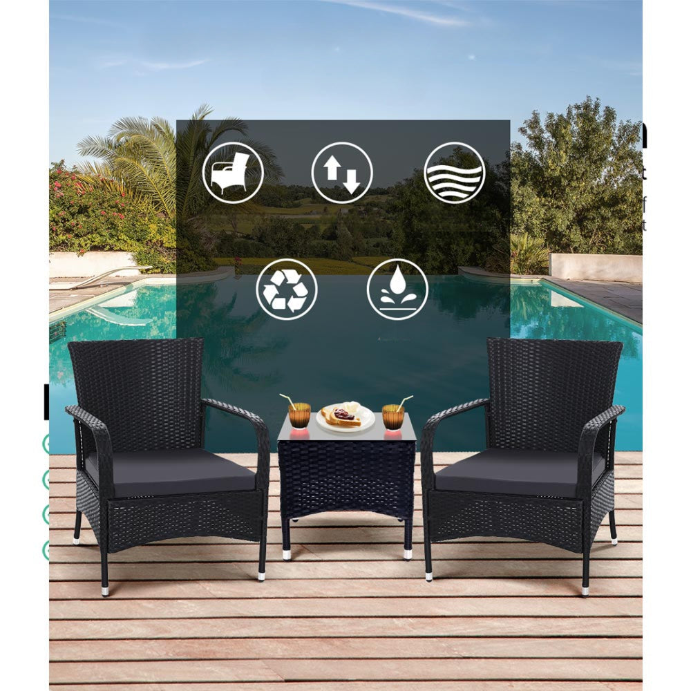 Outdoor Furniture Patio Wicker Chairs Table Set Black - Set of 3