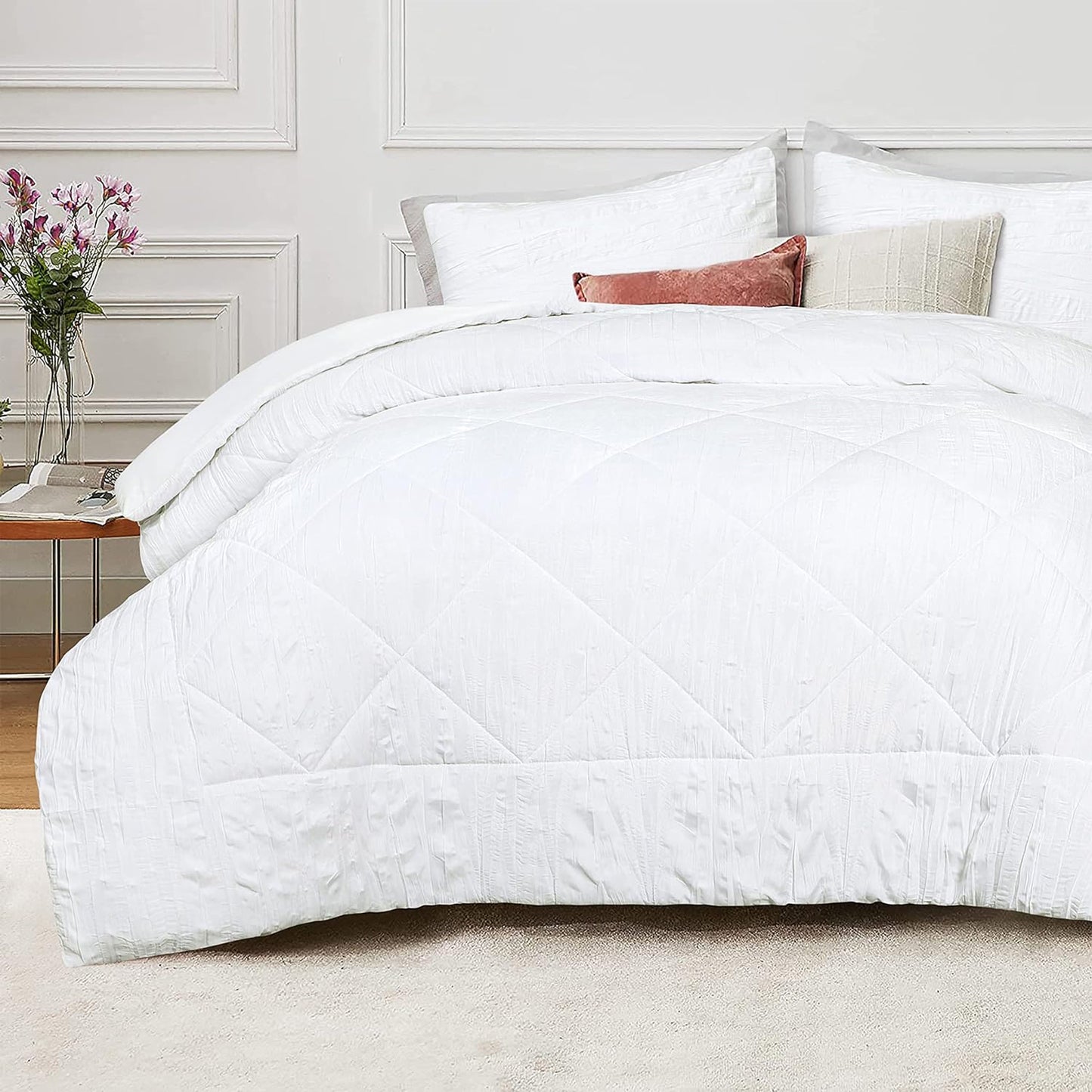 Warm and Cooling Crinkled Comforter Bedding Set - White