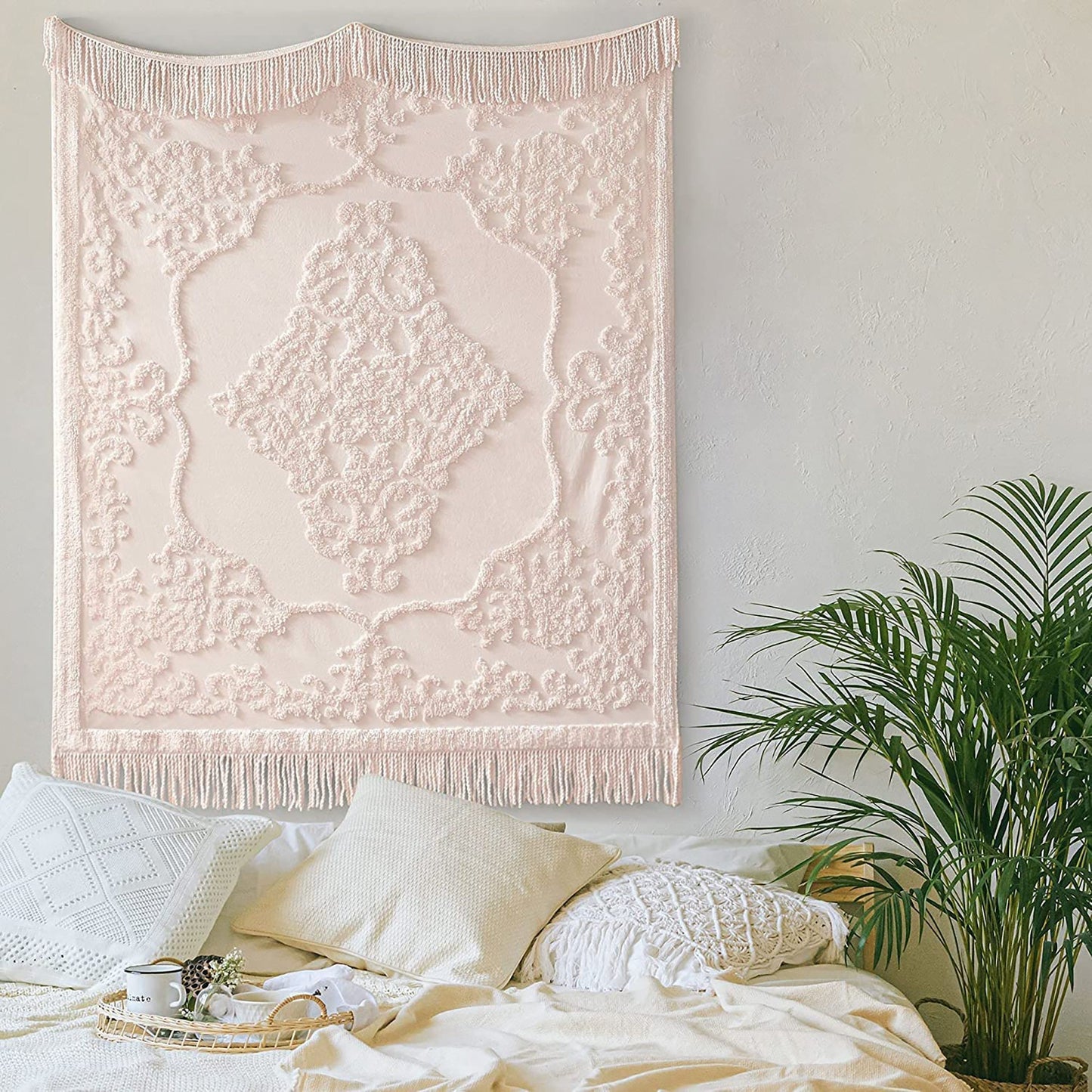 Cotton Tufted Chenille Design with Fringe Tassel Luxe Cottage Room Blanket - Blush