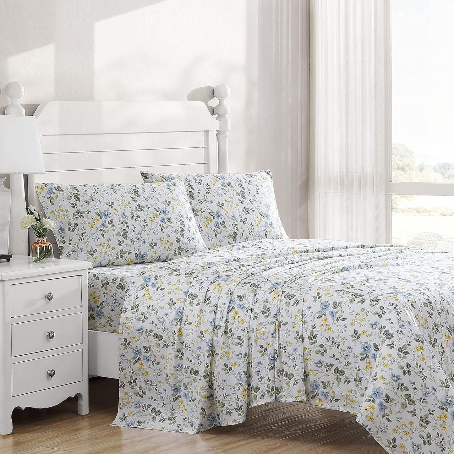 Soft Breathable Sateen Cotton Bedding Sheet Set - Meadow Floral Blue