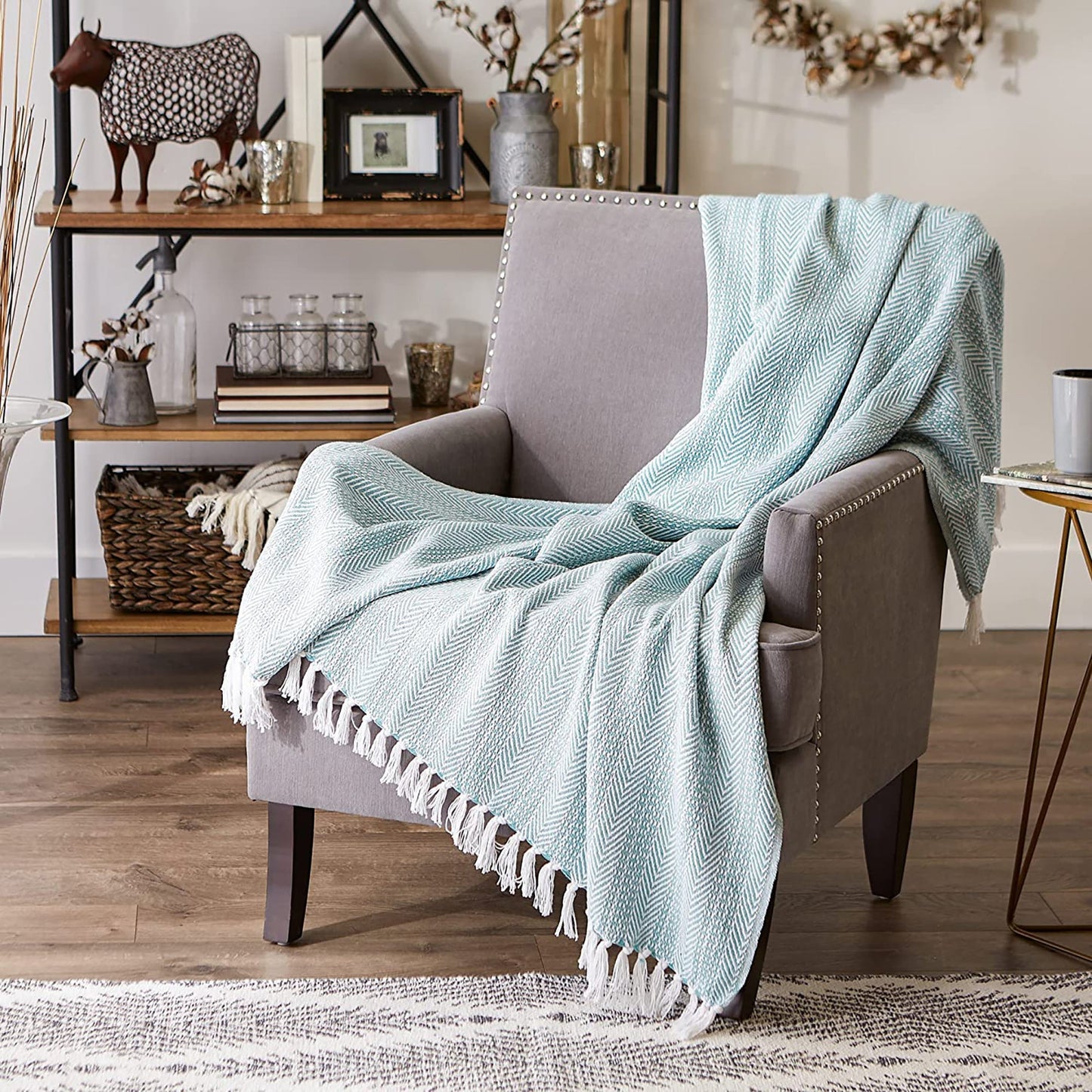 Herringbone Striped Throw Blanket with Decorative Tassels for Chair Couch - Aqua
