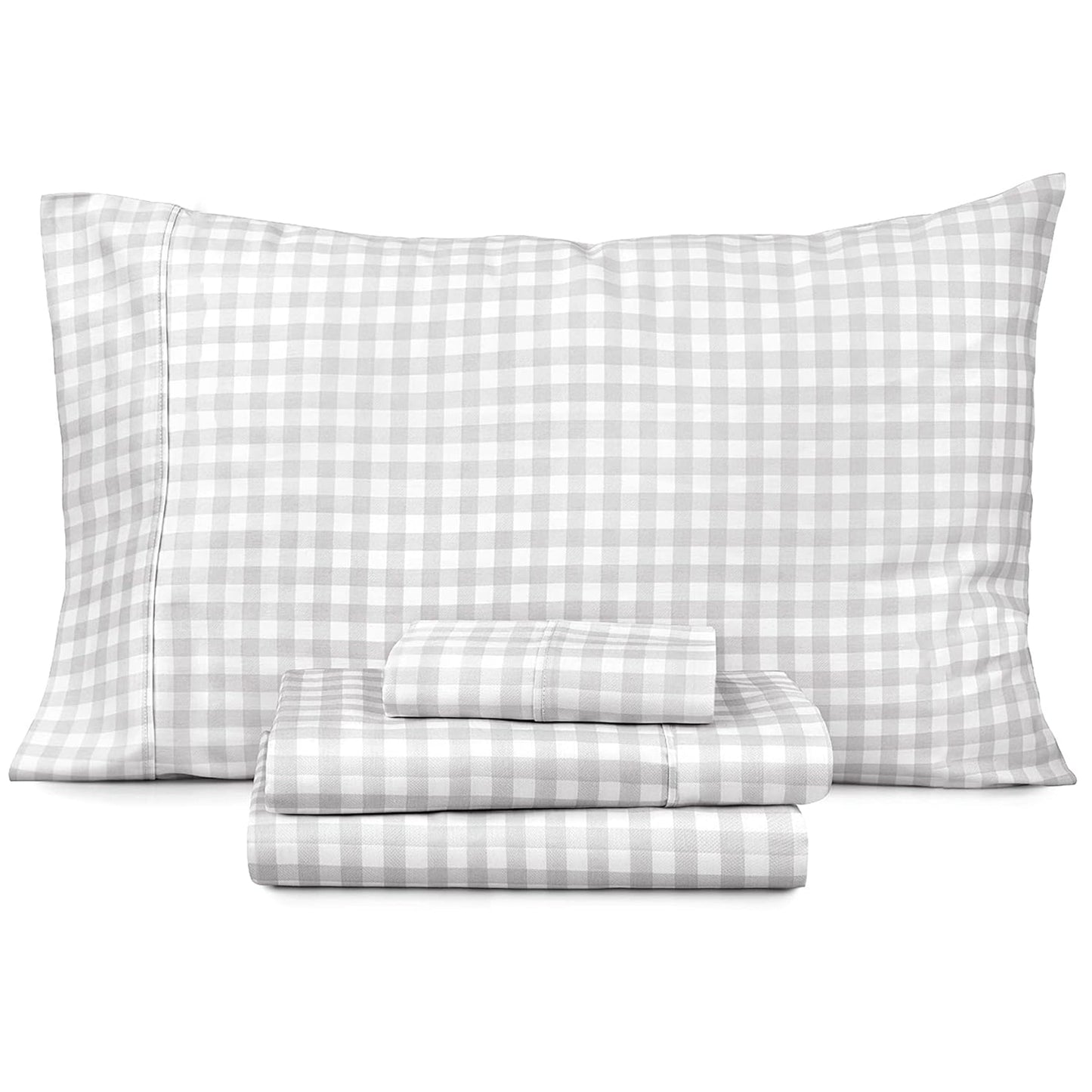 100% Cotton Soft and Durable Sateen Bed Sheet Set - Gingham Light Grey