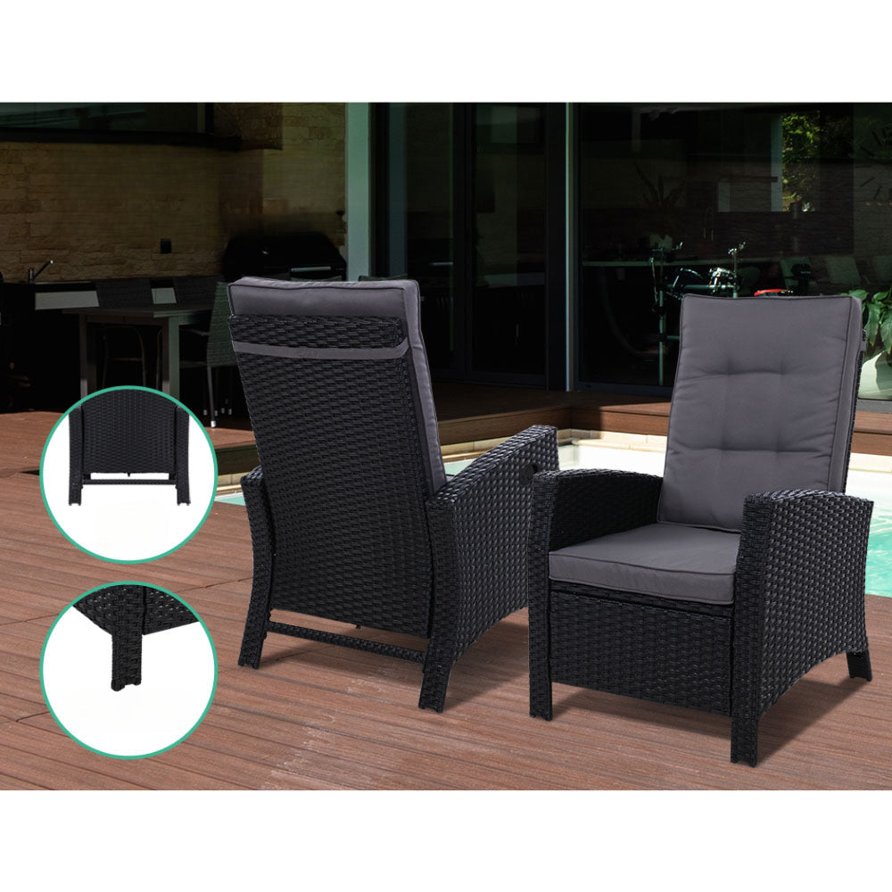 Sun Recliner Chair Outdoor Patio Garden Cushion Set of 2 - Black