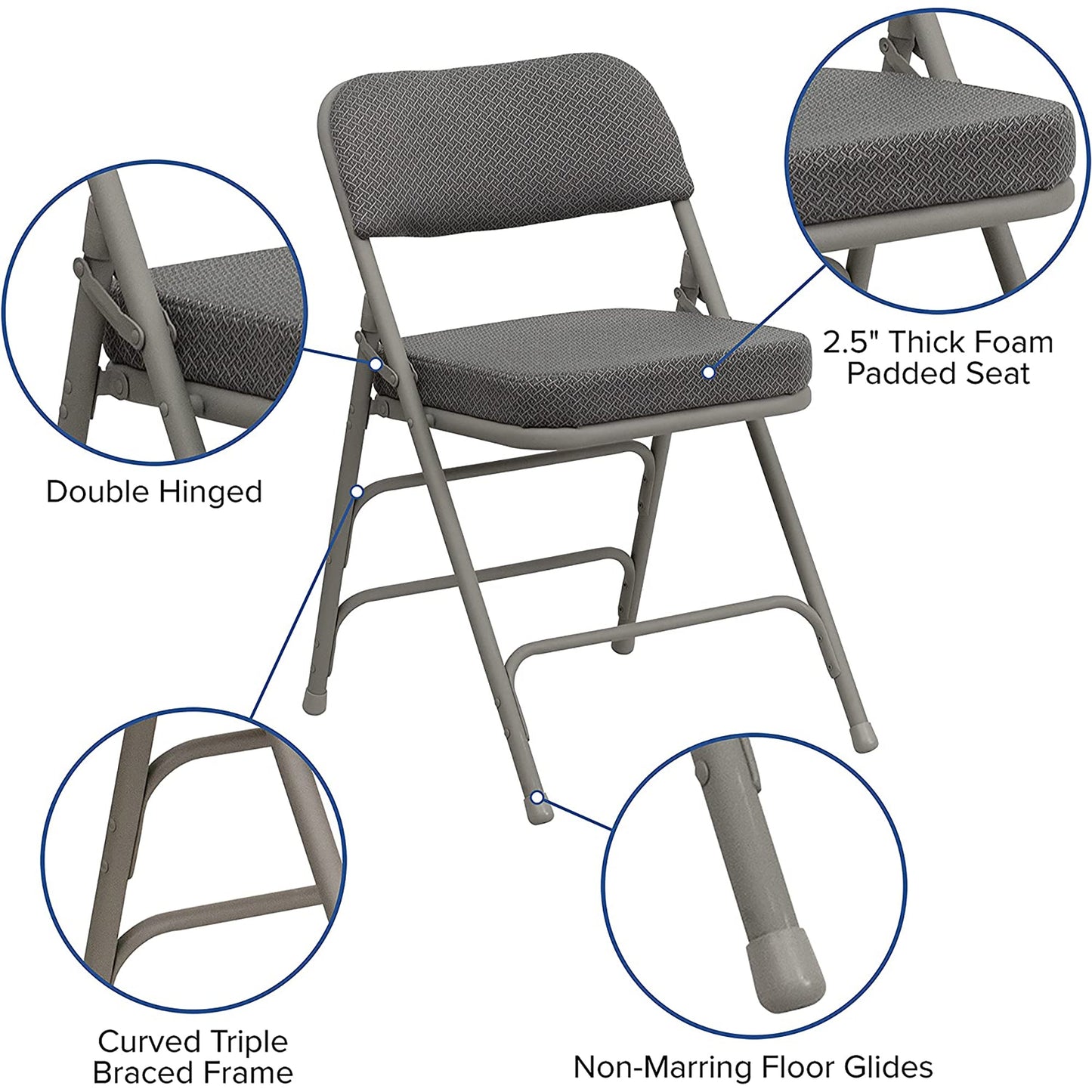 Premium Curved Triple Braced and Double Hinged Fabric Metal Folding Chair - Gray