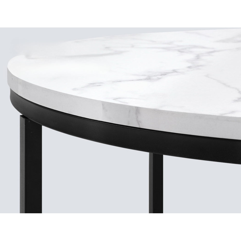Coffee Table Marble Effect Side Tables Bedside Round Black Metal 70X70CM