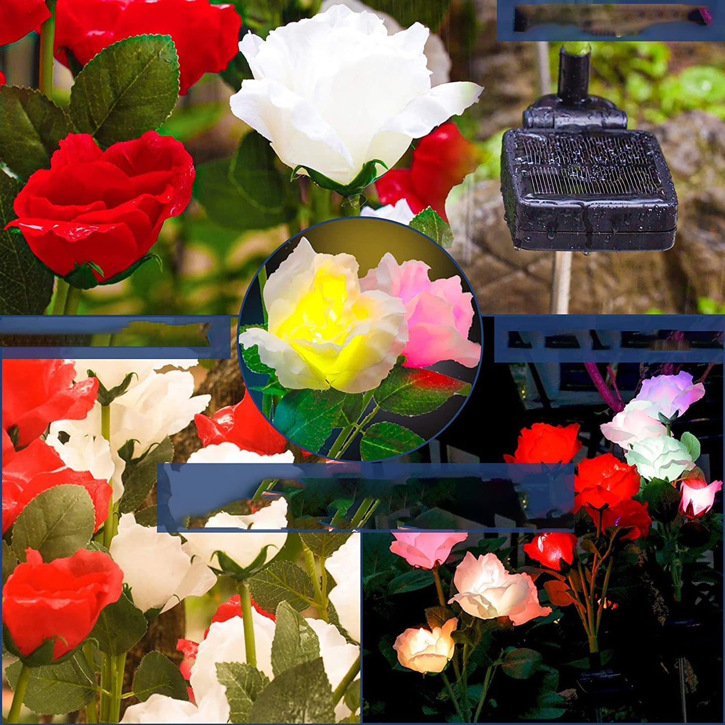 Outdoor Solar Garden Lights with 7 Color Changing Rose Lights 2 Pack - Red and White