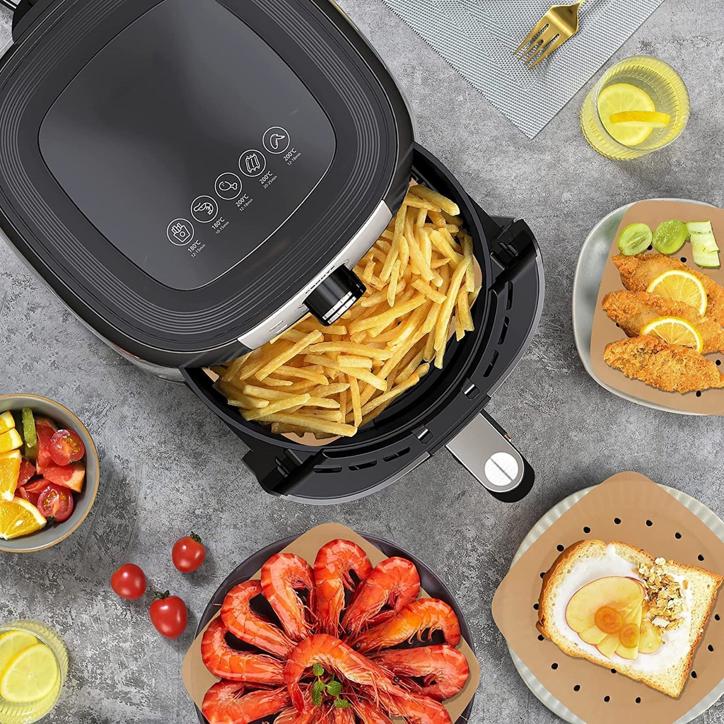 Perforated Unbleached Square Disposable Air Fryer Liners 8.5 Inch 200 Pcs - Brown