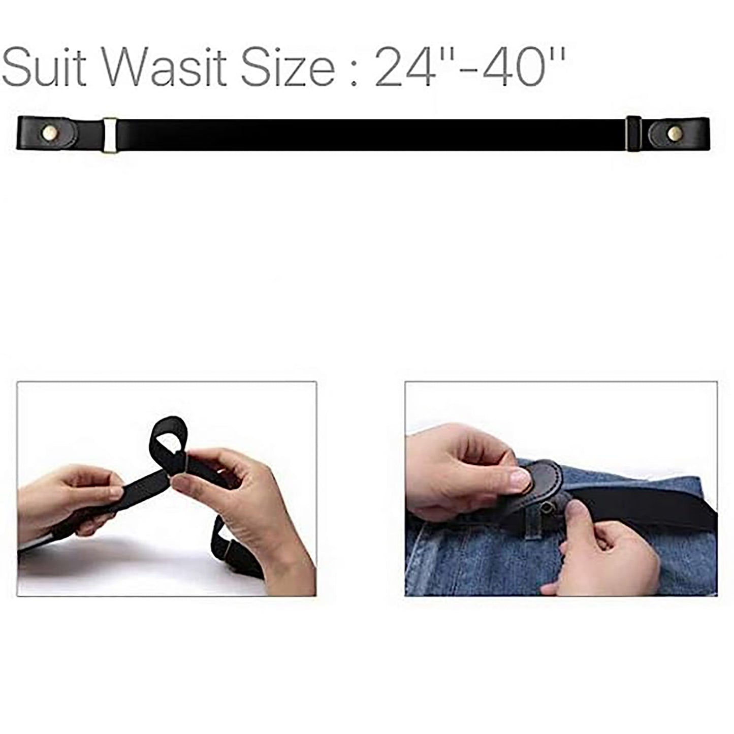 Buckle free No Hassle Elastic Invisible Belt for Jeans Made with Genuine Leather - Black