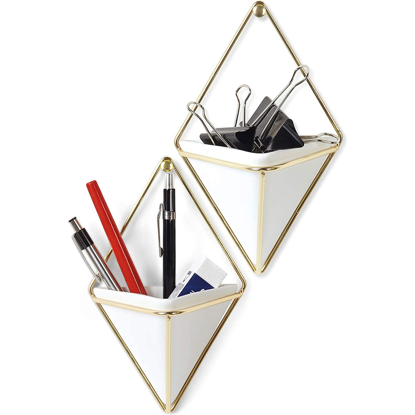 Hanging Planter Vase and Geometric Wall Decor Container Small - White Brass
