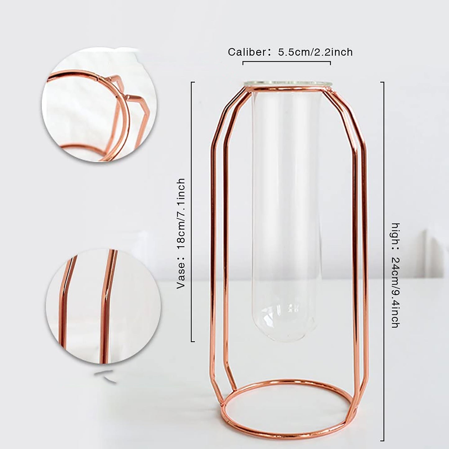 Set of 2 Metal Glass Flower Vase Planter Terrariums Cylinder Vase Home Decor - Rose Gold