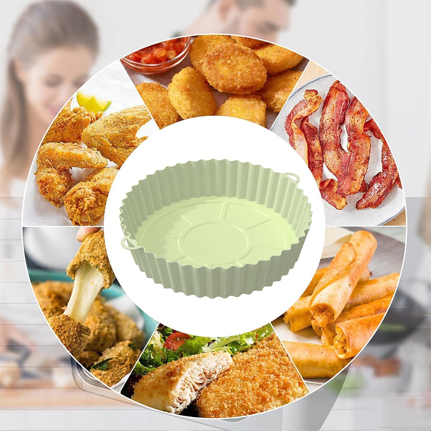 Air Fryer Reusable Non Stick Heat Resistant Silicone Pots 2 Pcs - Green