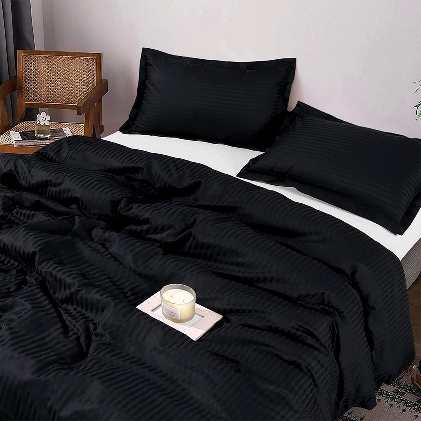 1000 Thread Count Cotton Satin Stripe Reversible Quilt Cover Bedding Set - Black