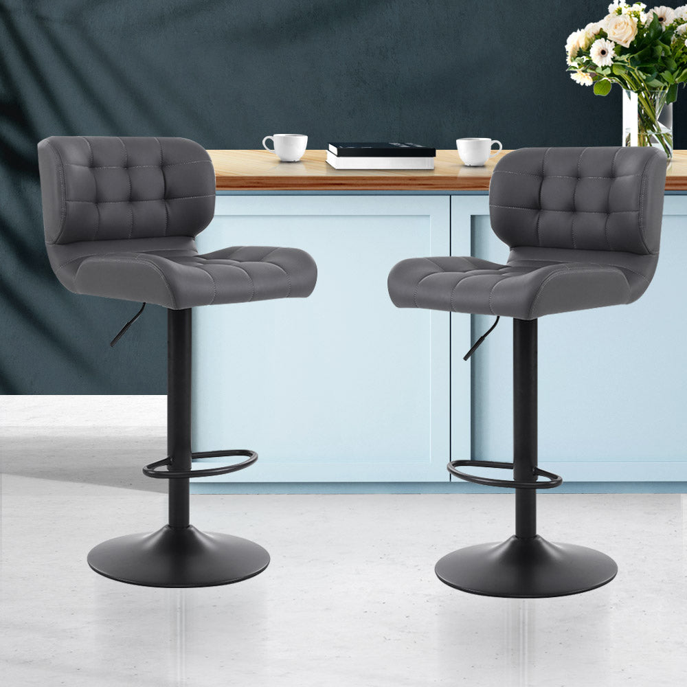 Leather Bar Stools Gas Lift - Black and Grey - Set of 2