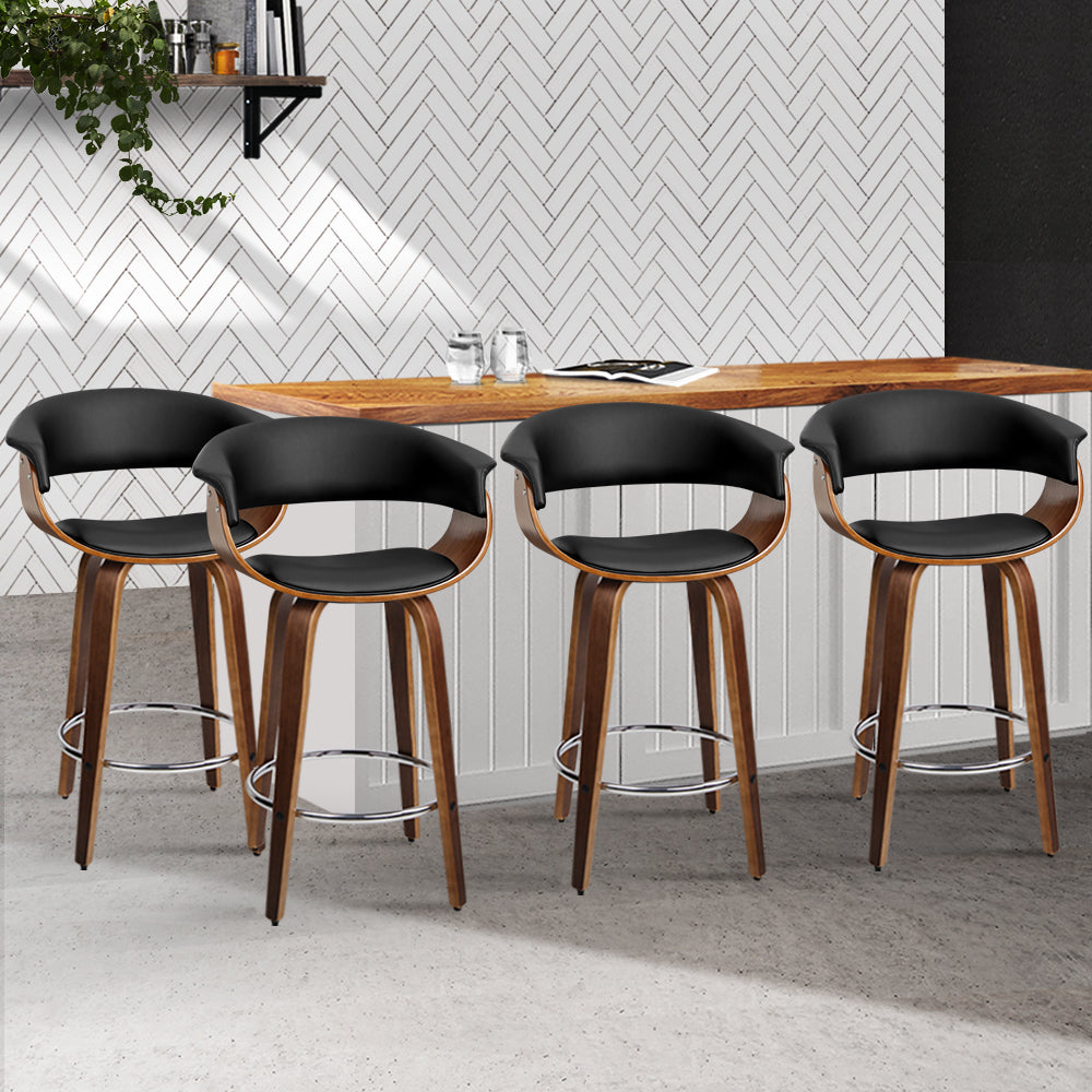 Set of 4 Swivel PU Leather Bar Stool - Wood and Black