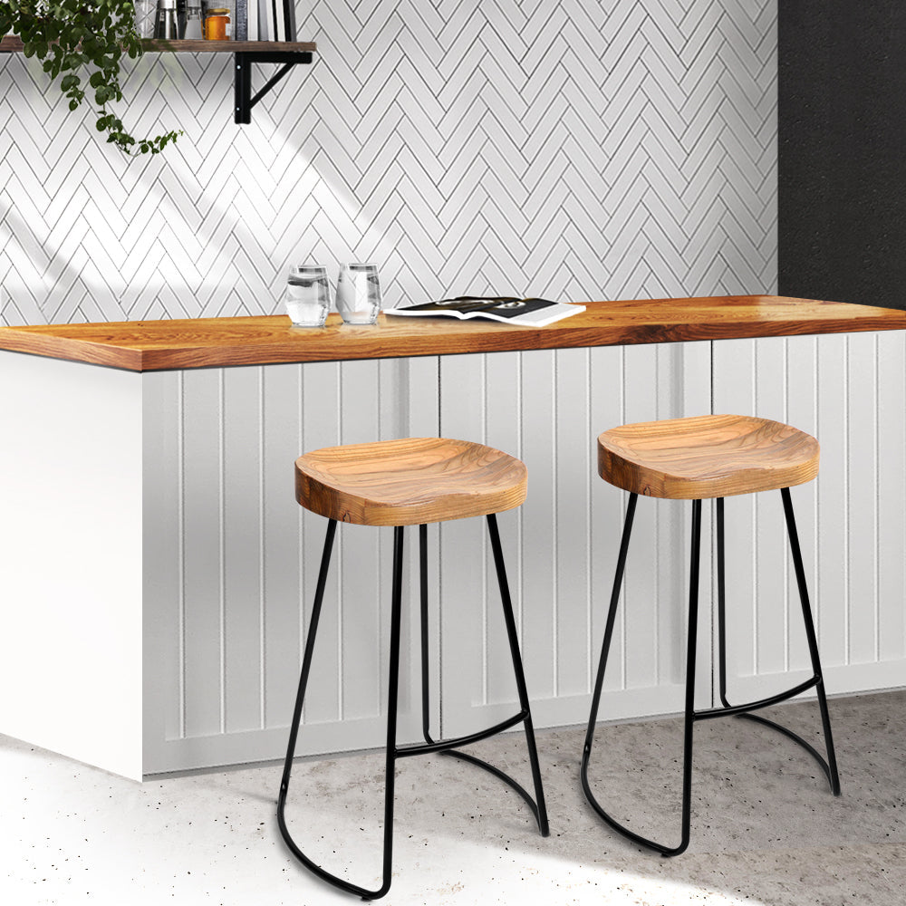 Set of 2 Elm Wood Backless Bar Stools 65cm - Black and Light Natural