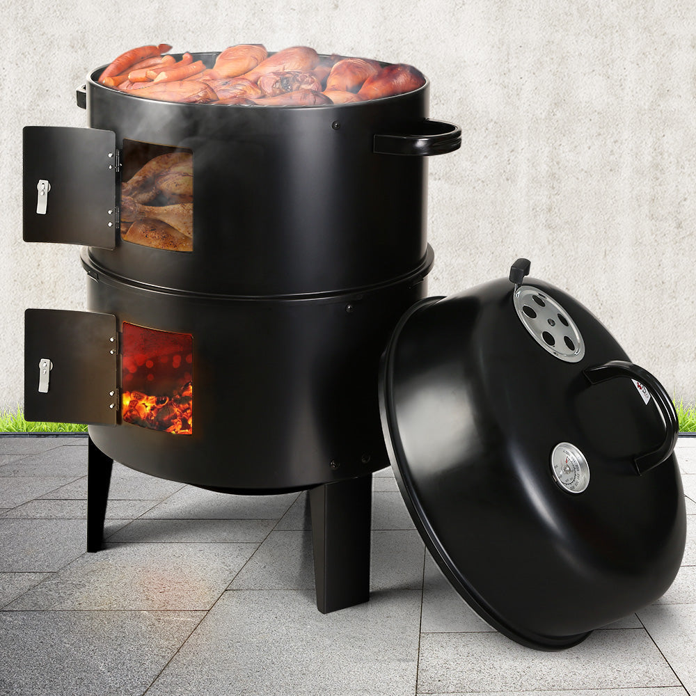 3-in-1 Heavy Duty Steel Charcoal BBQ Smoker - Black