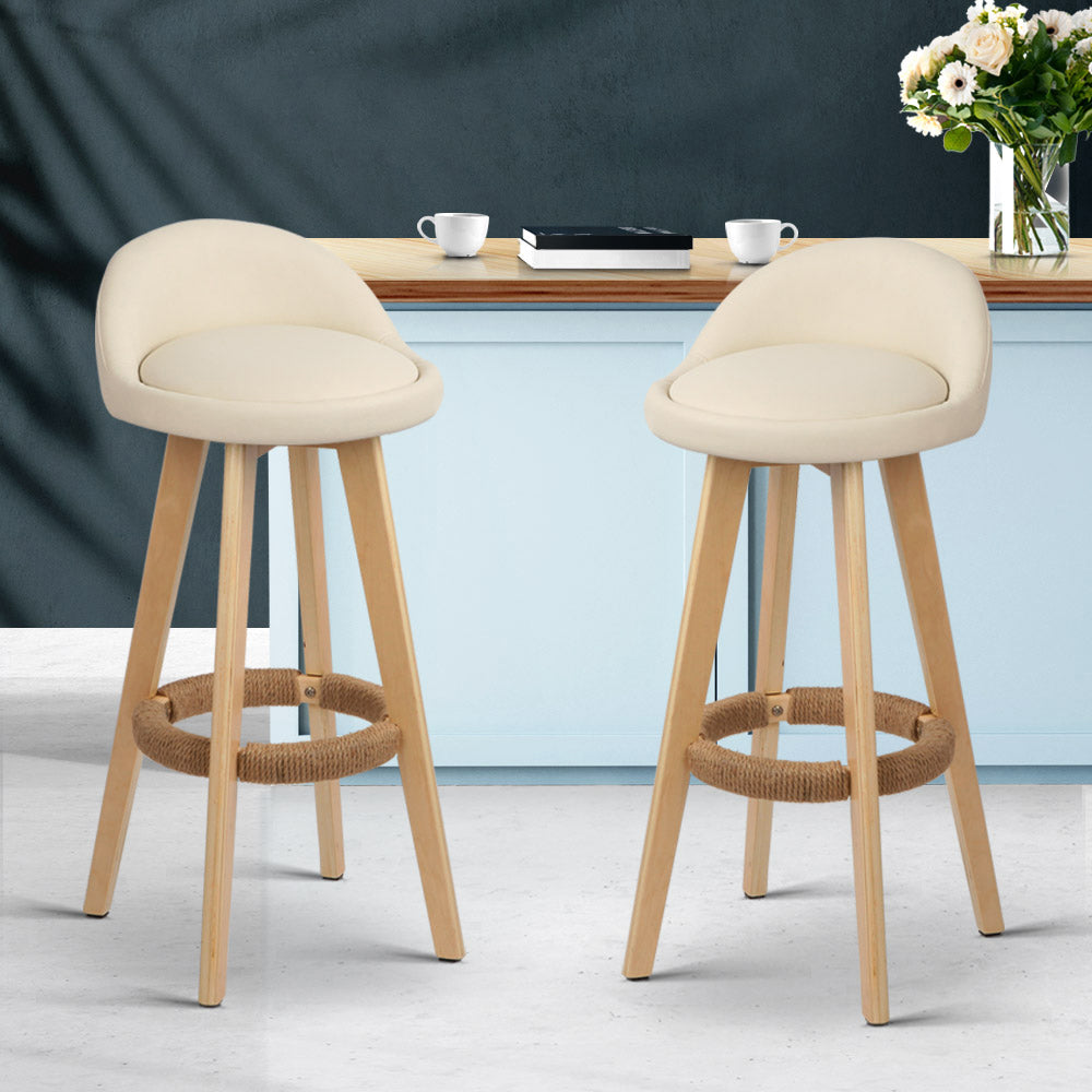 Leather Bar Stools with Backrest Gas Lift - Beige - Set of 2